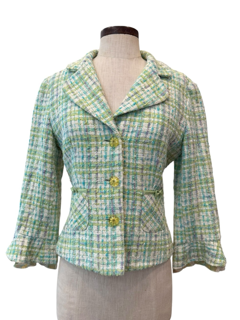 Sara Campbell tweed y2k bow detail blazer